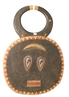 Large African Carved Wood Mask, having two horns, height 42 inches, width 29 inches.