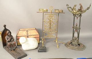 Six Piece Group, to include two Art Deco stands; Arts and Craft oak figure; a box with tacs; along with a mid-century modern marble sculpture.