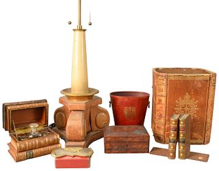 Large Group of Assorted Items, to include leather desk items, leather chess board, leather wrapped lamp, along with four Hartman suitcases.