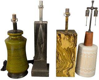 Four Piece Lot of Table Lamps, to include a ceramic cylindrical base; a rectangular form on a metal base; a rectangular metal form; and a green urn fo