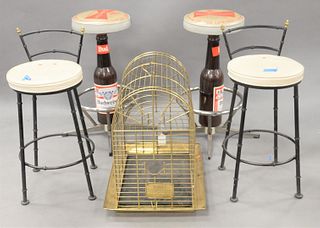 Five Piece Lot to include, two pairs of Budweiser bar stools, brass and iron; along with brass bird cage,  heights 30 and 32 inches.