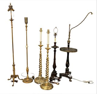 Group of Six Floor Lamps, to include a pair of brass spiral; black lacquered chinoiserie; carved wood candlestick form; along with two brass Victorian