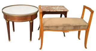 Three Piece Lot, to include a rosewood Louis XV style table, having brown and white marble top, height 22 inches, top 15" x 21 1/2"; and upholstered b