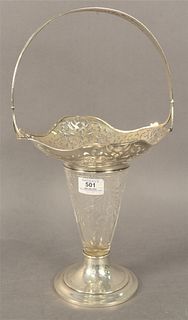 J.E. Caldwell Sterling Silver and Cut Glass Basket, marked to the underside, height 17 1/2 inches, width 9 3/4 inches.