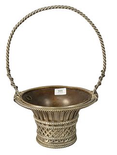 Heavy French Silver Plate and Bronze Basket, having inset basket, height 16 inches, diameter 9 1/2 inches.