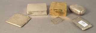 Group of Six Silver Boxes to include small cigarette box marked NIC Silver; silver cigarette case with gold wash interior; sterling soap box with embo