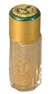 Crystal Perfume Bottle having 14 karat gold top mounted with moths having diamonds on green enameled cover, marked 14K, height 3 inches.