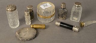 Group of Sterling Silver to include a compact; double sided perfume; two bottles with sterling tops; silver overlay bottle; along with a small perfume