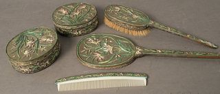 Five Piece Enameled Silver Plated Dresser Set, mirror length 13 1/2 inches.