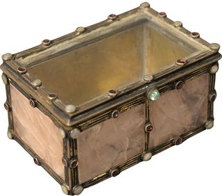 Silver and Jeweled Mounted Stone Box having glass top with stone mounted border opening to gold wash interior, bottom bearing hallmarks, height 2 inch