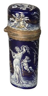 Enameled Perfume Bottle having cobalt blue enamel with white and gilt gold painted figures, opening to glass stopper and gold wash interior, height 3 