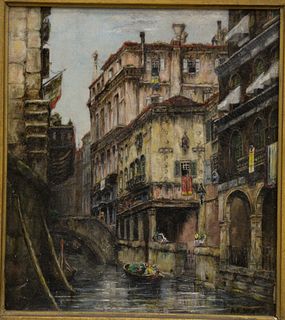 Andrew F. Bunner (American, 1841 - 1897), Venetian canal, oil on wax lined canvas, signed lower right "A.F. Bunner" 9 1/2" x 7 3/4".