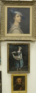 Three Piece Group of Portraits to include an oil on panel of a religious saint, unsigned; a noblewoman in a blue dress with flowers, oil on canvas, un