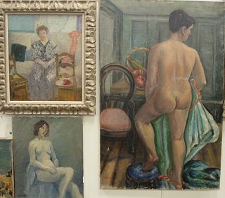 Four Piece Lot of Female Portraits, to include a large nude oil on canvas, signed indistinctly lower left; a reclining nude, oil on canvas, unsigned; 