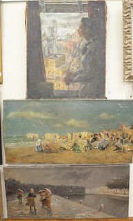 Three Piece Lot of Unframed Works on Canvas, to include a woman looking out her New York City window, unsigned; a busy beach scene, signed indistinctl
