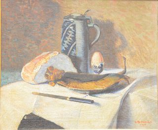 Carl Brandt (Swedish, 1852 - 1930), still life with pitcher, oil on canvas, signed and dated lower right "C. Brandt 1913", 20 1/4" x 24 1/4".