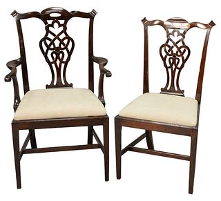Set of Eight Mahogany Chippendale Style Dining Chairs to include two arm and six side, with newly upholstered seats, probably 19th century England, ar