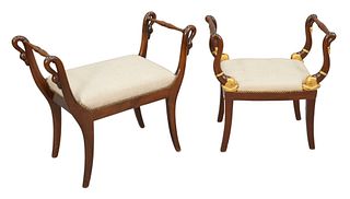 Two Regency Style Benches, one having swan heads, one having dolphins, newly upholstered seats, heights 26 and 24 1/2 inches, widths 30" and 23"
