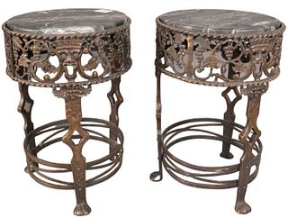 Pair of Oscar Bach Bronze and Marble Pedestals, one marble repaired, height 14 inches, diameter 10 inches.