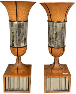 Pair of Contemporary Oak and Mirrored Urns, height 30 inches, diameter 12 inches.
