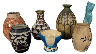 Group of Seven French Ceramic Vessels to include one red glazed vase, marked Marcel Guillard to the underside; one vase with green decoration, marked 