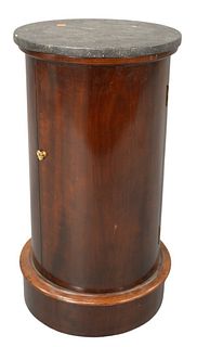 Empire Mahogany Marble Top Stand with door, height 28 inches, diameter 15 1/4 inches.
