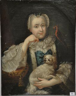 British School (18th/19th century), portrait of a lady with a Spaniel and a red bird, oil on canvas, unsigned, 29 1/4" x 22 1/2".