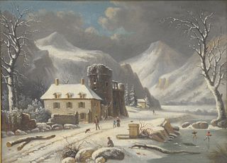 Continental School (late 19th/early 20th century), Snow Scene in the Village, oil on canvas, unsigned, 21" x 28 1/2".