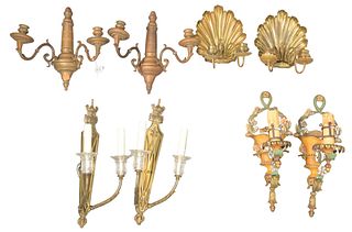 Four Pairs of Wall Sconces to include a brass pair having two lights in the form of a shell; a pair of polychrome painted sconces having one light; a 