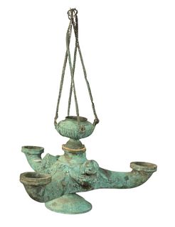 Grand Tour Bronze Oil Hanging Lamp, having three arms and central urn, height 8 1/4 inches, diameter 12 inches.