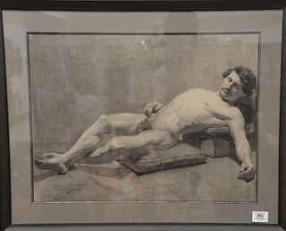 Continental School (19th century), Reclining Male Nude, pastel and charcoal on paper, signed and dated indistinctly lower left, sight size 16 1/4" x 2