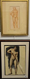 Three Piece Lot to include Aristide Maillol (1861 - 1944) sanguine on paper (laid down), monogrammed "M" lower right along with two male nudes, both p