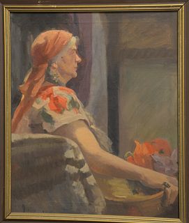 Continental School (20th century), portrait of seated woman, oil on canvas, signed on the reverse and stretcher bar "Johansen" 24" x 20".