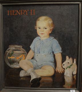 B. Woods (early 20th century), portrait of Henry II with goldfish and toy dog, oil on canvas, signed lower right: B. Woods; 28 1/4" x 25".