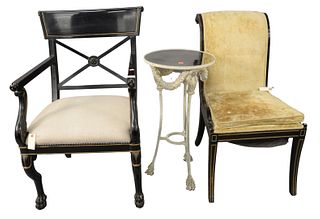 Three Piece Group, to include a black painted armchair with claw feet, side chair, along with a small figural stand with mirror top, arm chair seat he