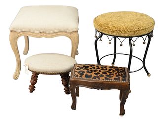 Group of Four Stools, one hyde covered, tallest height 18 1/2 inches width 16 inches.