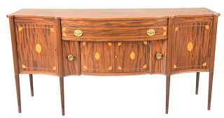 Custom Mahogany Sheraton Style Inlaid Federal Style Sideboard, height 39 inches, width 78 inches.