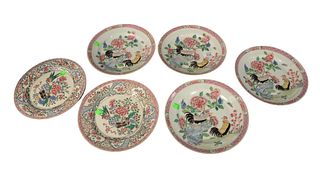 Group of Six Famille Rose Plates, four having painted roosters with wildflowers, along with a pair having painted wildflowers, diameter 9 1/4 inches.