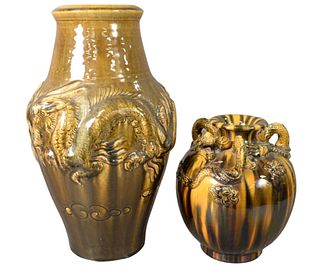 Two Chinese Porcelain Yellow and Brown Glazed Vases, to include a globular vase having dragon form handles; along with a large drilled vase with three