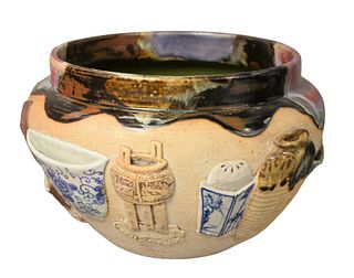 Japanese Ceramic Jardiniere, having green interior glaze and multicolor exterior glazes having miniature ceramic vessels mounted along the body, heigh