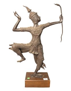 Bronze Figure of the Hindu God Rama as an Archer, mounted on wood base, unsigned, height 30 inches, width 19 1/2 inches.