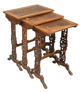 Nest of Three Chinese Hardwood Tables, having inlaid scenes of fishing, dragonflies, birds, toads, etc., largest height 30 inches, top 15" x 23".