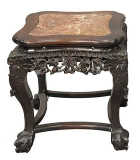 Chinese Hardwood Stand, having inset rouge marble, height 18 inches, top 17" x 17".