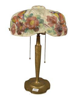 Pairpoint Puffy Table Lamp and Lamp Shade, having rose and butterfly design, shade stamped 'The Pairpoint Corp. Patented July 9' resting on metal base