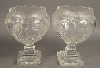 Pair of Cut Glass Water Lily Vases, raised on square pedestal bases, unmarked, height 9 1/4 inches.