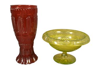 Two Piece Lot of Cut Glass, to include a vaseline cut glass compote having flared rim, raised on a circular foot, height 5 3/4 inches, diameter 10 inc
