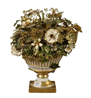 Gorham Gilt Metal and Enamel Floral Arrangement in Porcelain Vase, designed by Jane Hutchinson, marked to the underside, height 16 inches, width 11 in