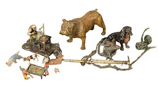 Group of Painted Bronze Figures, to include miniature animals; Geschutzt Bergman bronze bulldog; Geschutzt, Austria shoe repair man; etc.