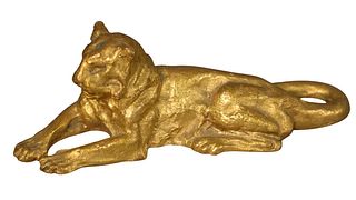Tiffany Studios Gilt Bronze Lion Paperweight, marked "Tiffany Studios, New York 932" to the underside, height 2 inches, length 5 1/4 inches.