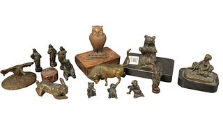 Fourteen Piece Lot of Small Bronzes to include four Continental figures, a bronze owl on stone book, a bull, a bear on slate base, a painted rabbit, e